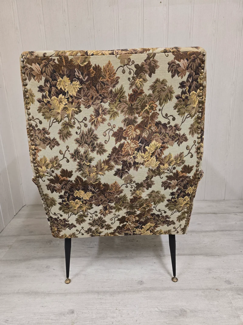 Paire de fauteuils Mid-Century Design – Piètement compas métal & tapisserie jacquard – Années 1960