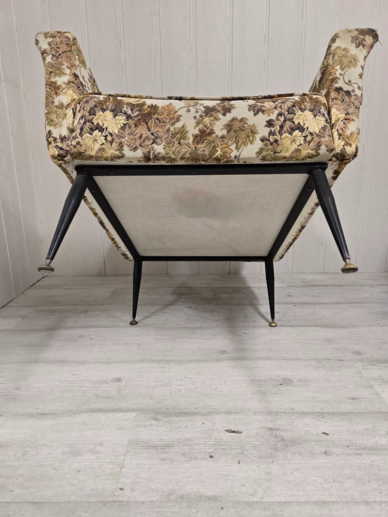 Paire de fauteuils Mid-Century Design – Piètement compas métal & tapisserie jacquard – Années 1960