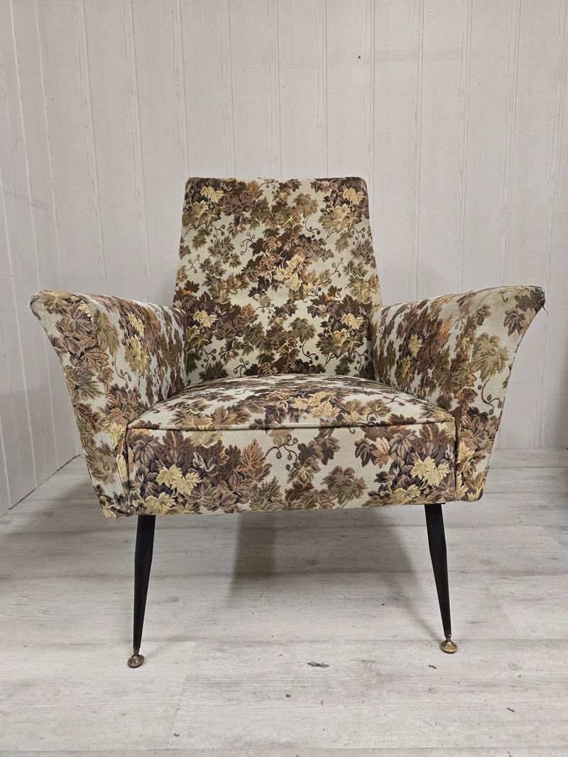 Paire de fauteuils Mid-Century Design – Piètement compas métal & tapisserie jacquard – Années 1960