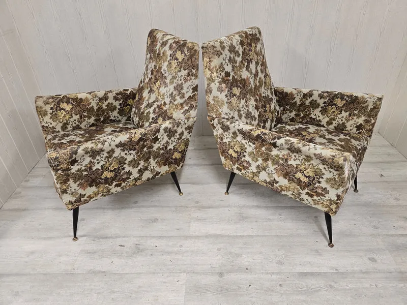 Paire de fauteuils Mid-Century Design – Piètement compas métal & tapisserie jacquard – Années 1960