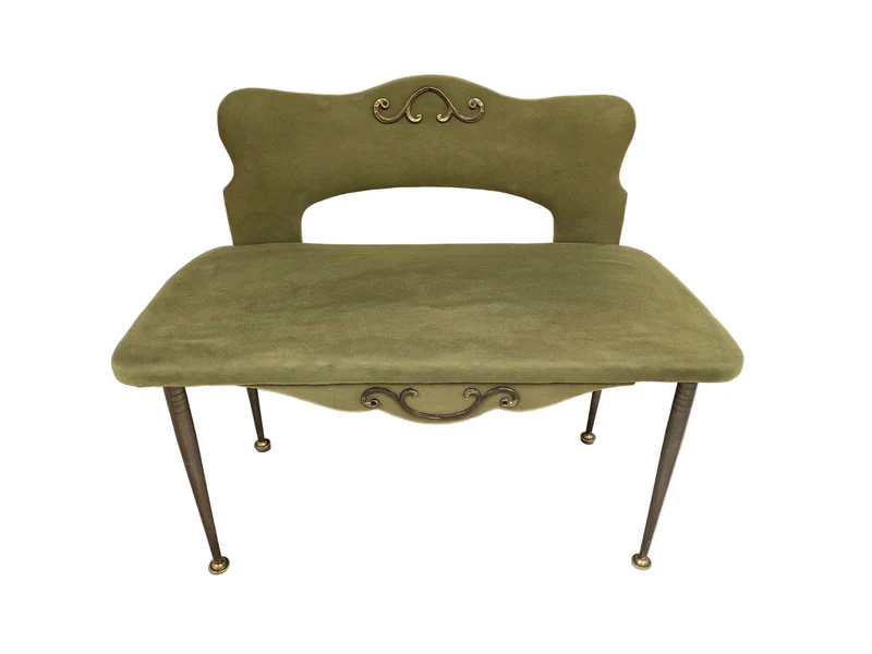 Banquette enfant vintage en velours vert – Pieds compas en métal – Années 1950/60