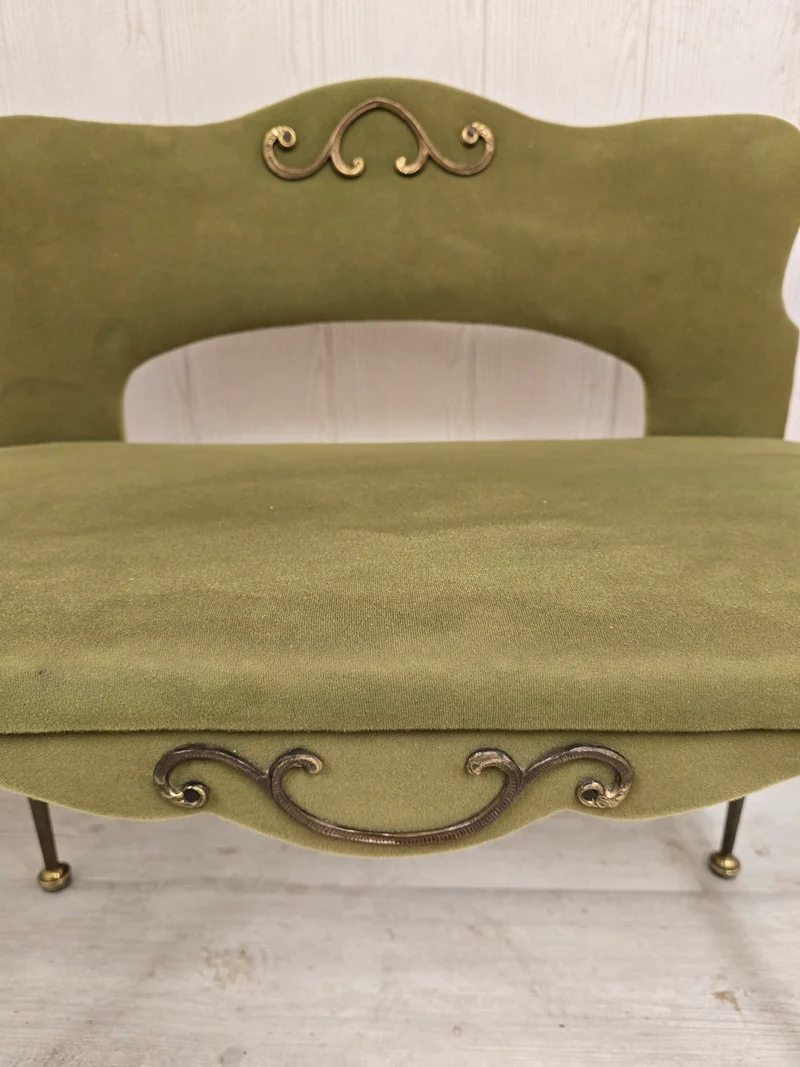 Banquette enfant vintage en velours vert – Pieds compas en métal – Années 1950/60