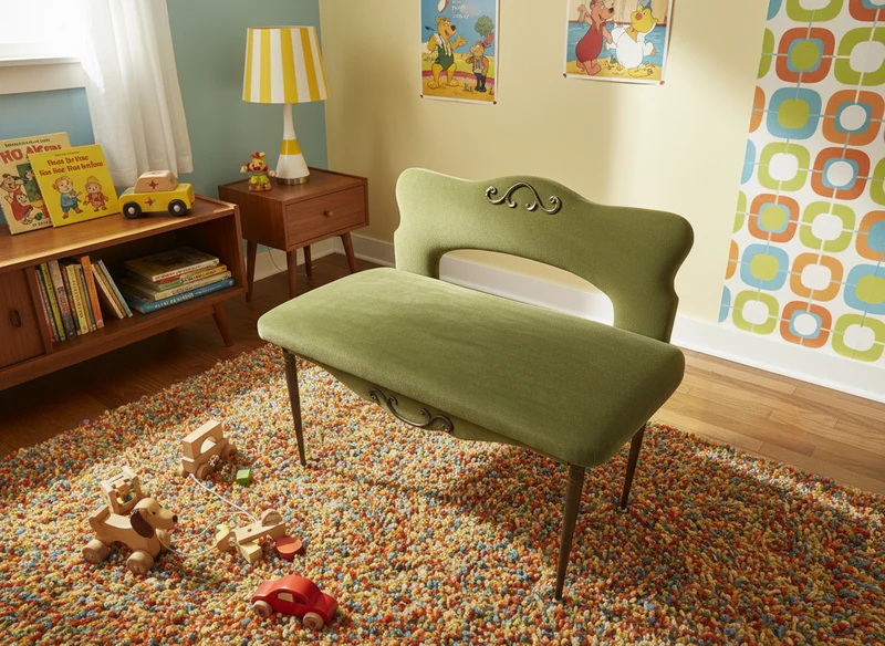 Banquette enfant vintage en velours vert – Pieds compas en métal – Années 1950/60