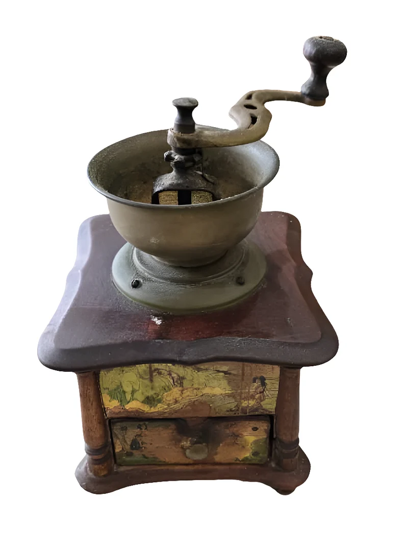 Moulin à café en bois décoré - manivelle et tiroir intégré