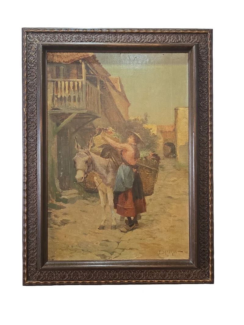 Scène de village - Huile sur toile signée E. DAMERON