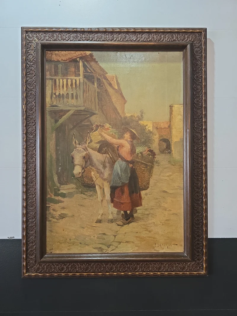 Scène de village - Huile sur toile signée E. DAMERON