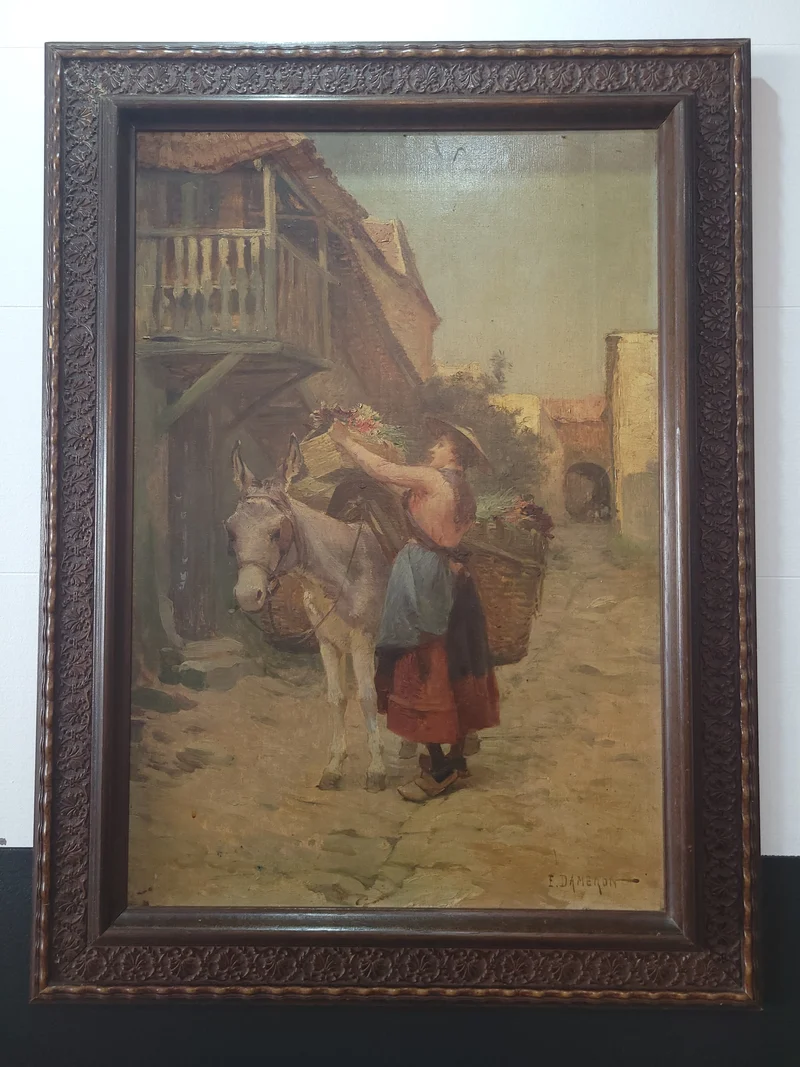 Scène de village - Huile sur toile signée E. DAMERON