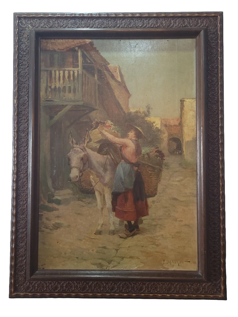 Scène de village - Huile sur toile signée E. DAMERON