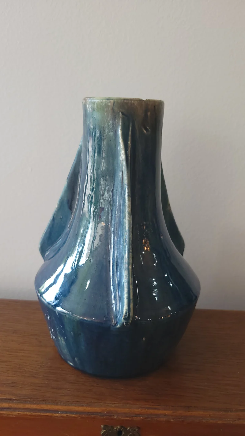 Vase vintage en céramique émaillée bleue