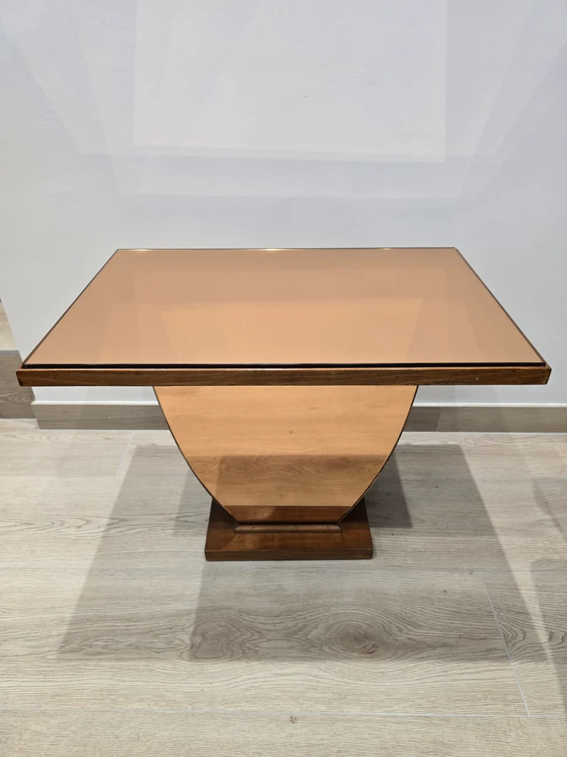 Table basse Art déco en bois et miroir coraille – circa 1940