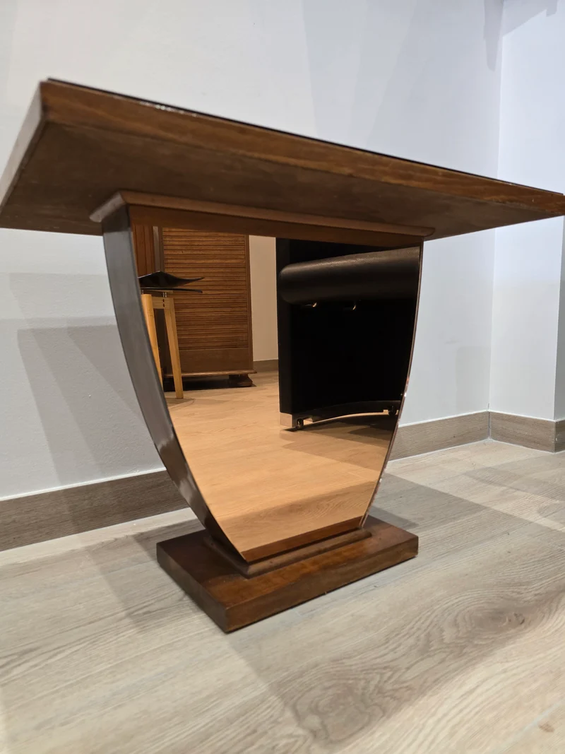 Table basse Art déco en bois et miroir coraille – circa 1940