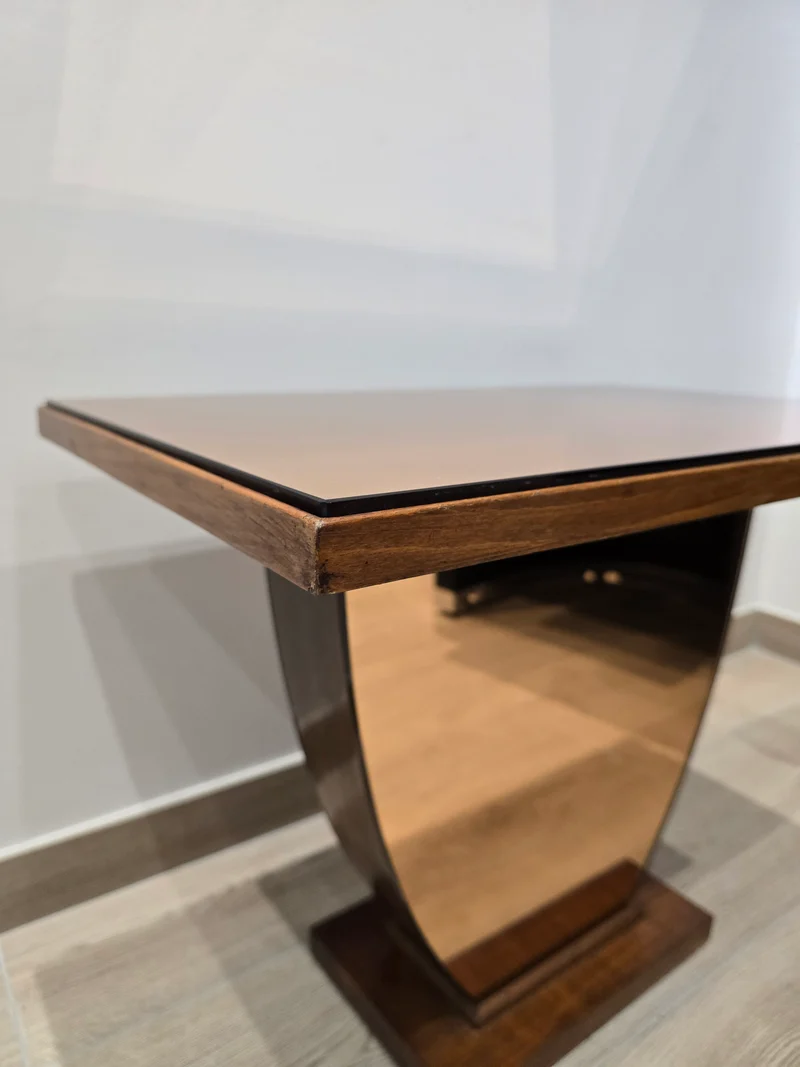 Table basse Art déco en bois et miroir coraille – circa 1940