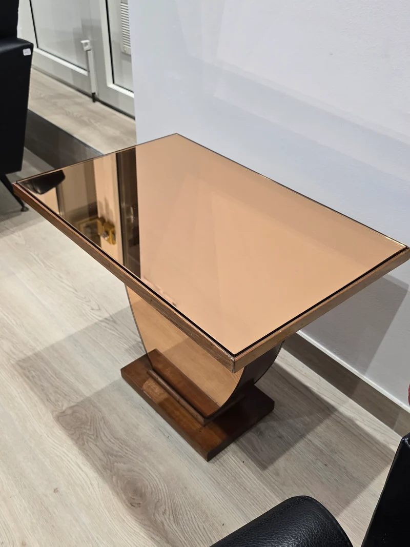 Table basse Art déco en bois et miroir coraille – circa 1940