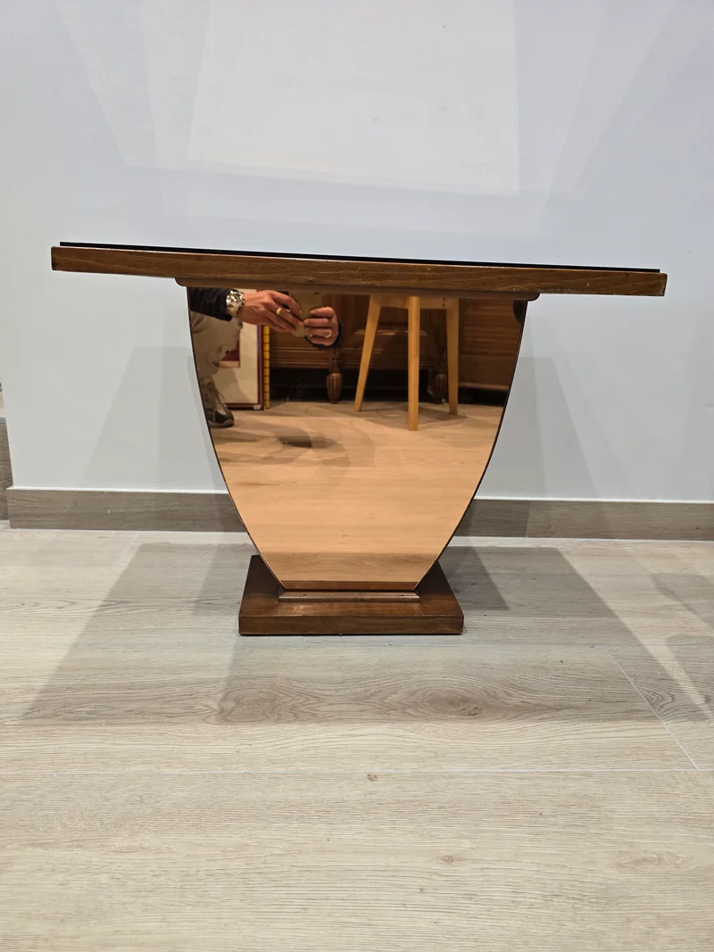 Table basse Art déco en bois et miroir coraille – circa 1940