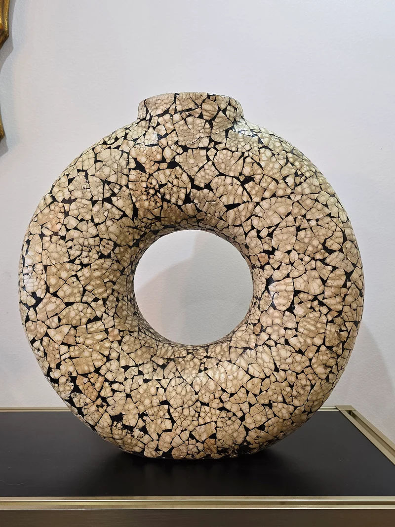Vase circulaire en céramique à glaçure craquelé vintage