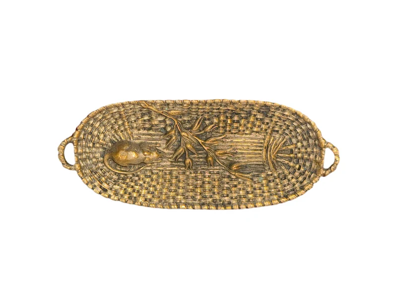 Vide-poche en bronze doré – Panier de blé et souris, travail figuratif ancien