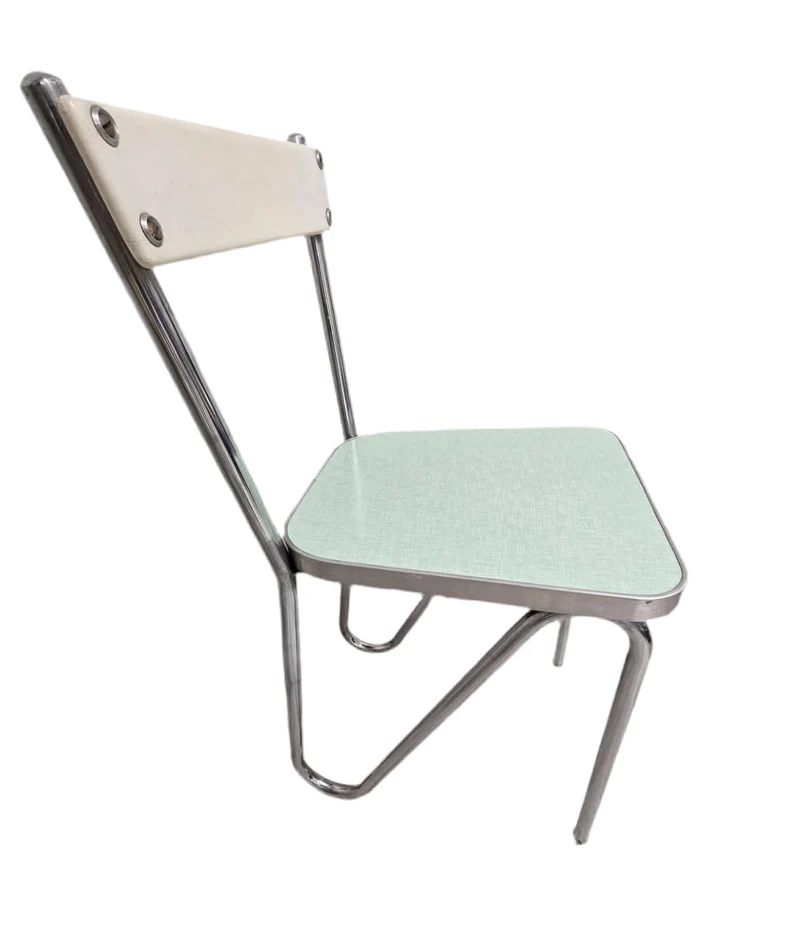 Chaise d’écolier vintage – Design moderniste années 50 – Assise formica vert menthe