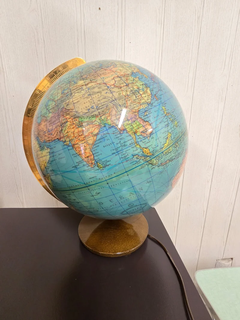 Globe terrestre lumineux Duplex des années 70 / Socle bois et méridien doré - Columbus Verlag – Allemagne