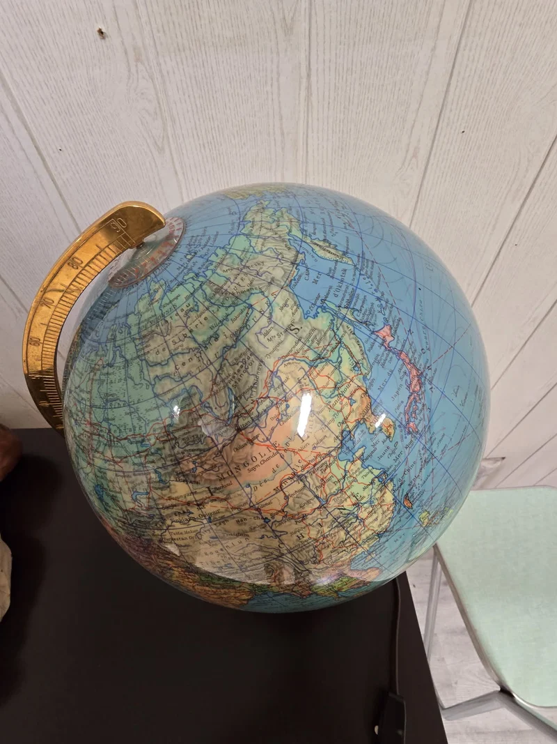 Globe terrestre lumineux Duplex des années 70 / Socle bois et méridien doré - Columbus Verlag – Allemagne