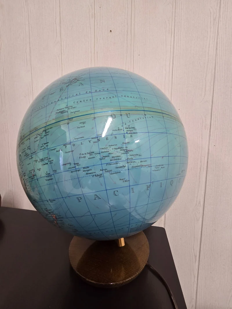 Globe terrestre lumineux Duplex des années 70 / Socle bois et méridien doré - Columbus Verlag – Allemagne
