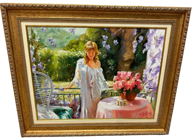 Tableau signé v.skribins - scène de terrasse fleurie