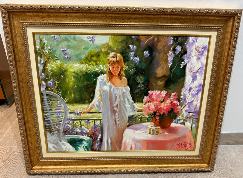 Tableau signé v.skribins - scène de terrasse fleurie