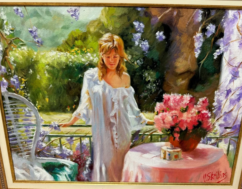 Tableau signé v.skribins - scène de terrasse fleurie