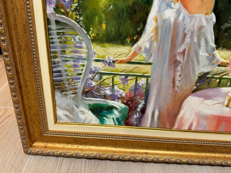 Tableau signé v.skribins - scène de terrasse fleurie