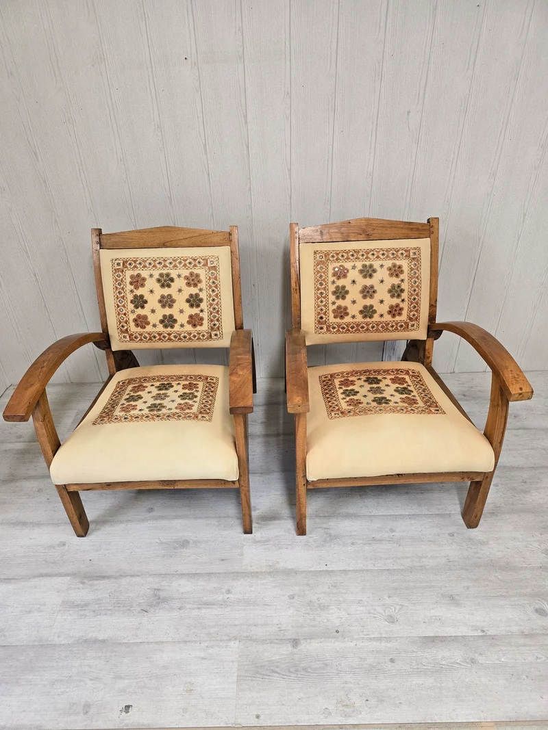 Paire fauteuil bohème en bois massif tissu brodé