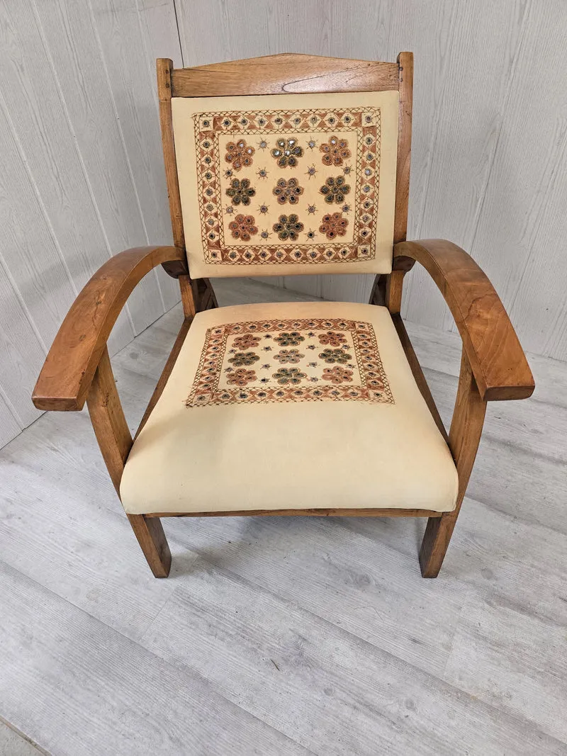 Paire fauteuil bohème en bois massif tissu brodé