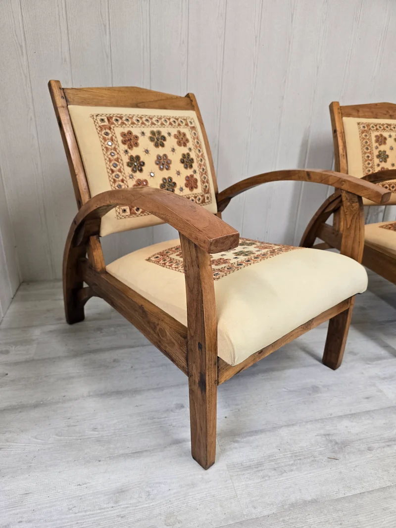 Paire fauteuil bohème en bois massif tissu brodé