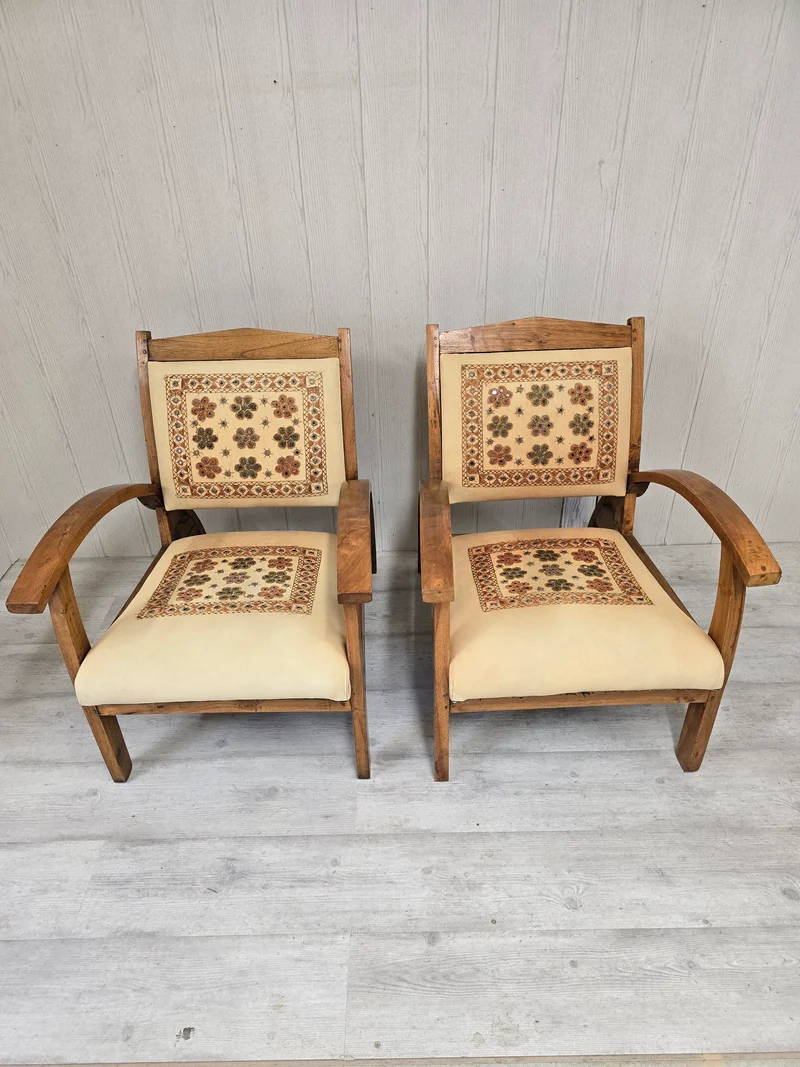 Paire fauteuil bohème en bois massif tissu brodé