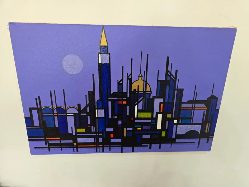 Tableau Ville géométrique abstraite – 60 x 40 cm – Signé Hammar 76