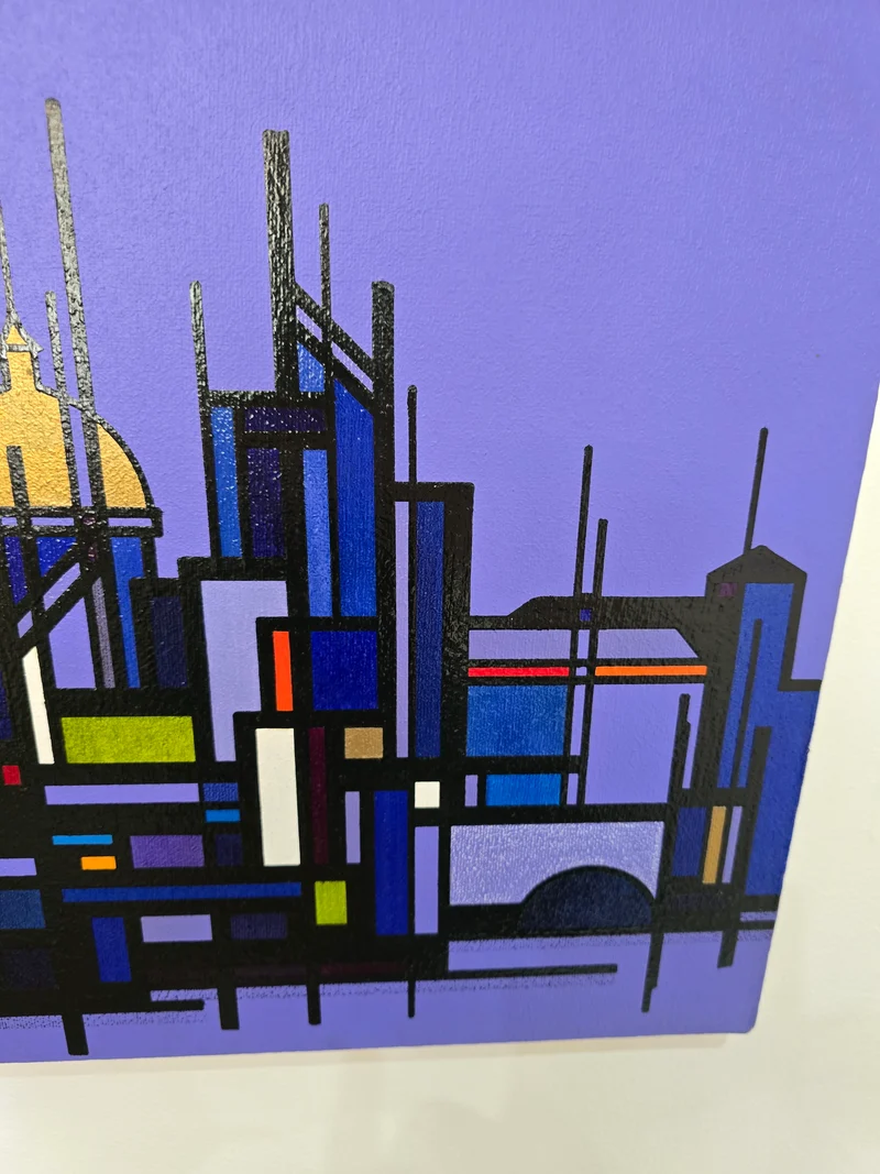 Tableau Ville géométrique abstraite – 60 x 40 cm – Signé Hammar 76