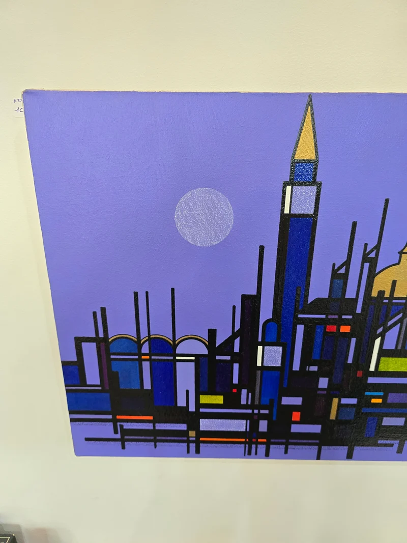 Tableau Ville géométrique abstraite – 60 x 40 cm – Signé Hammar 76