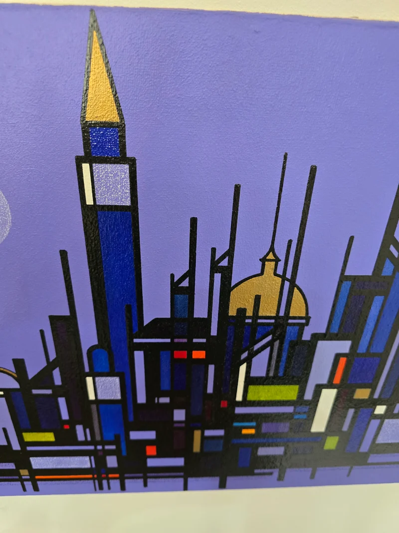 Tableau Ville géométrique abstraite – 60 x 40 cm – Signé Hammar 76