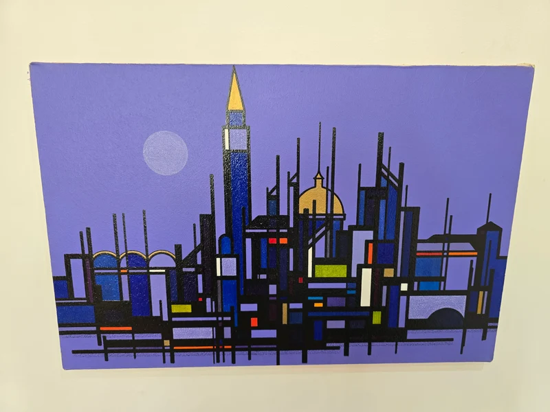 Tableau Ville géométrique abstraite – 60 x 40 cm – Signé Hammar 76