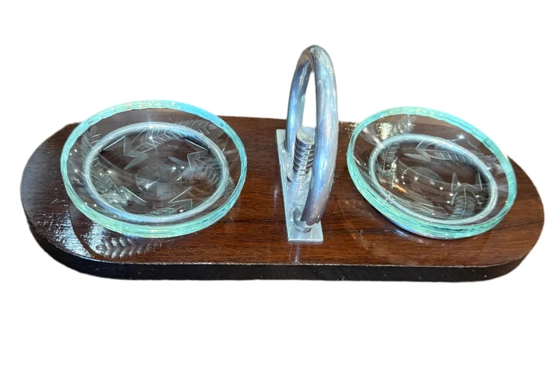 Vide-poche Art Déco en bois, verre gravé et métal chromé