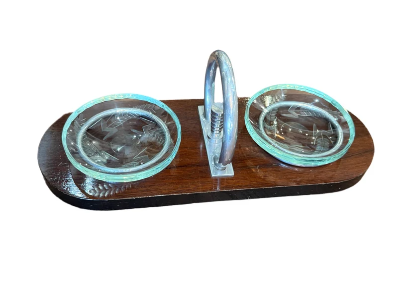 Vide-poche Art Déco en bois, verre gravé et métal chromé
