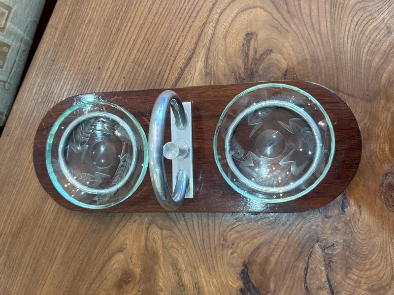 Vide-poche Art Déco en bois, verre gravé et métal chromé