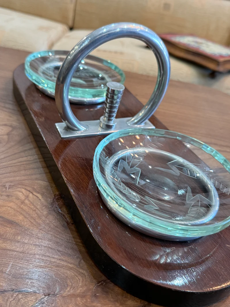 Vide-poche Art Déco en bois, verre gravé et métal chromé