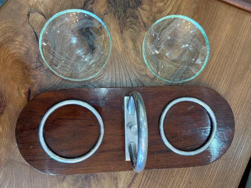 Vide-poche Art Déco en bois, verre gravé et métal chromé