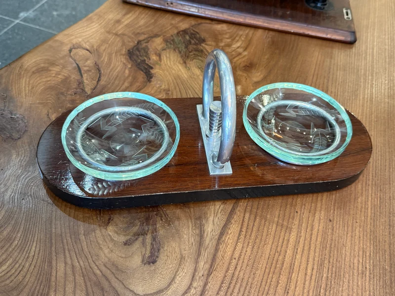 Vide-poche Art Déco en bois, verre gravé et métal chromé