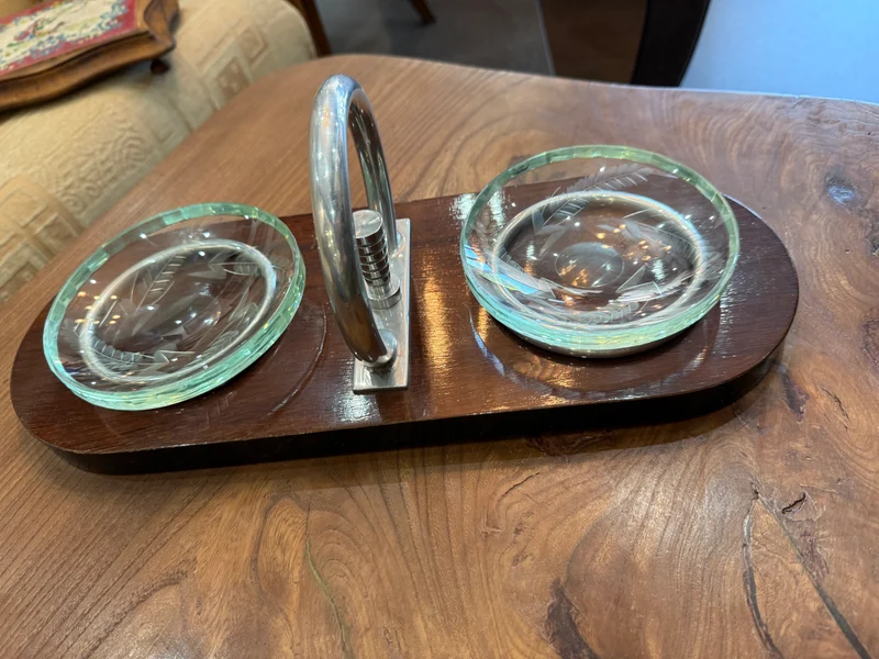 Vide-poche Art Déco en bois, verre gravé et métal chromé