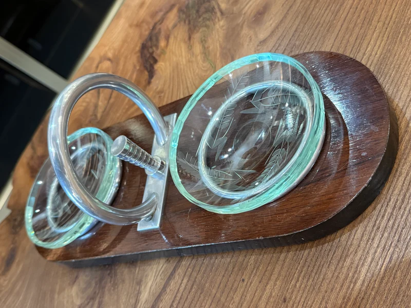 Vide-poche Art Déco en bois, verre gravé et métal chromé
