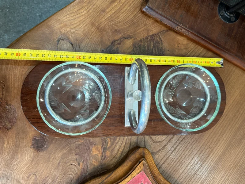 Vide-poche Art Déco en bois, verre gravé et métal chromé