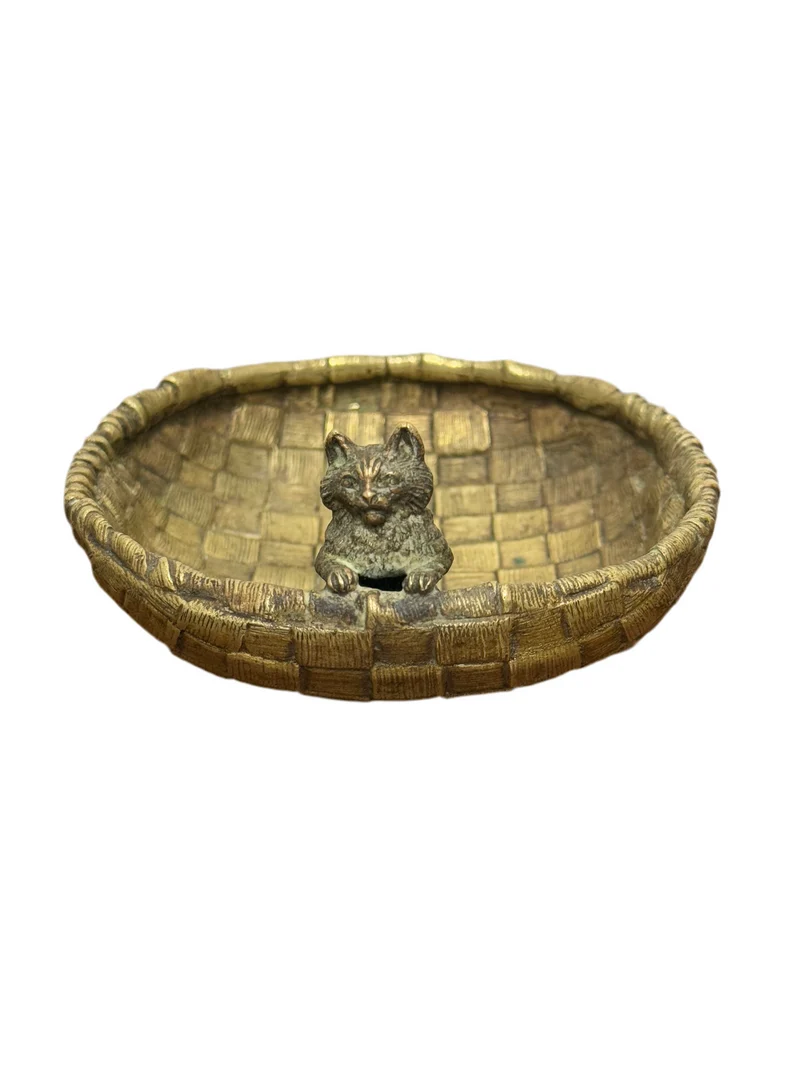 Vide-poche Bronze de Vienne tressé avec figurine de chat vintage