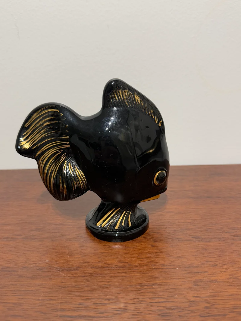 Figurine poisson en céramique noire et dorée - Style vintage