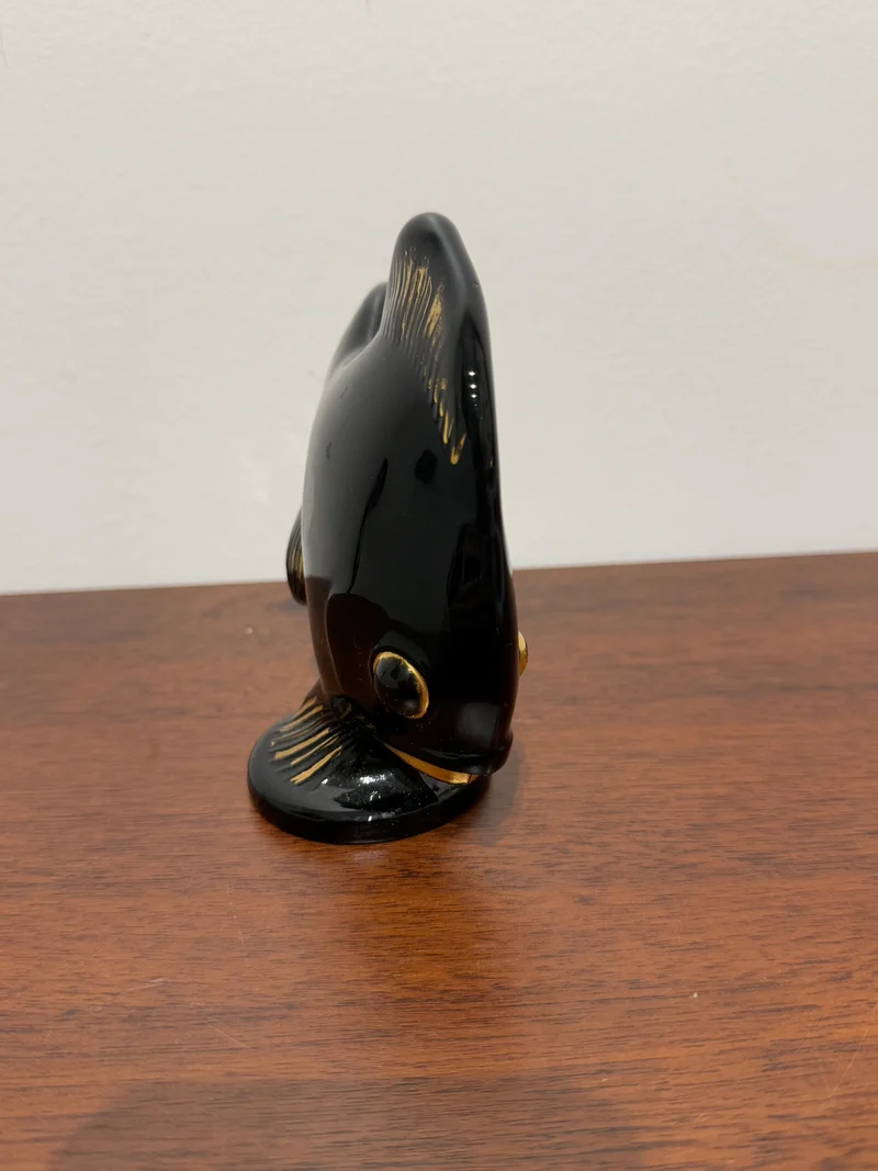 Figurine poisson en céramique noire et dorée - Style vintage