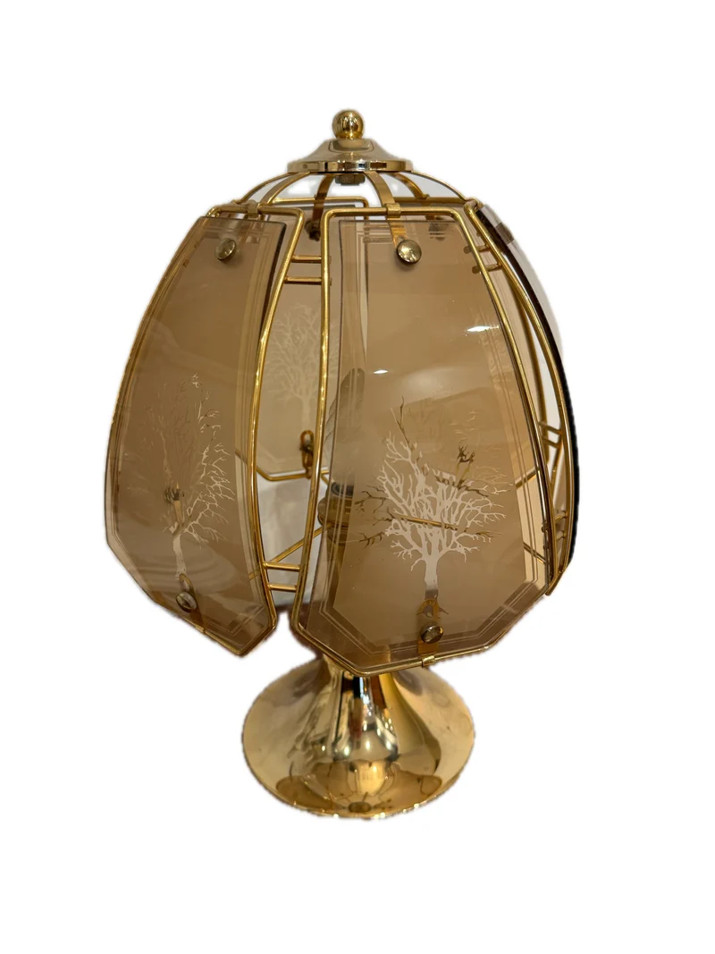 Lampe vintage en laiton et verre fumé gravé